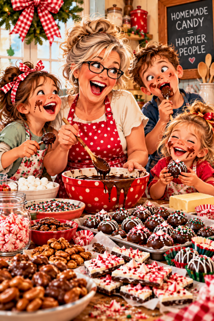 mom and kids having fun making candy in the kitchen
