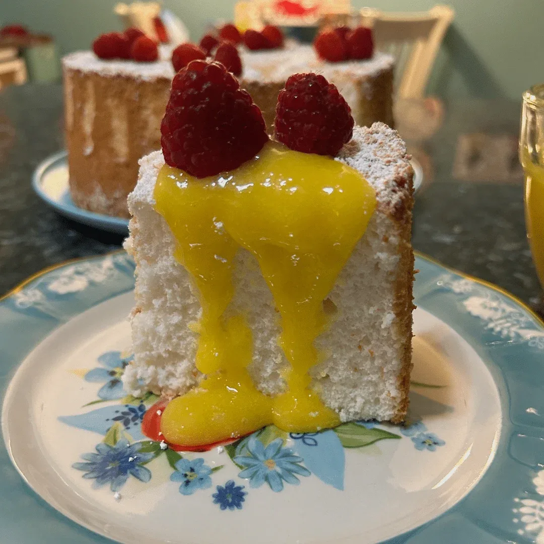 homemade angel food cake with lemon curd