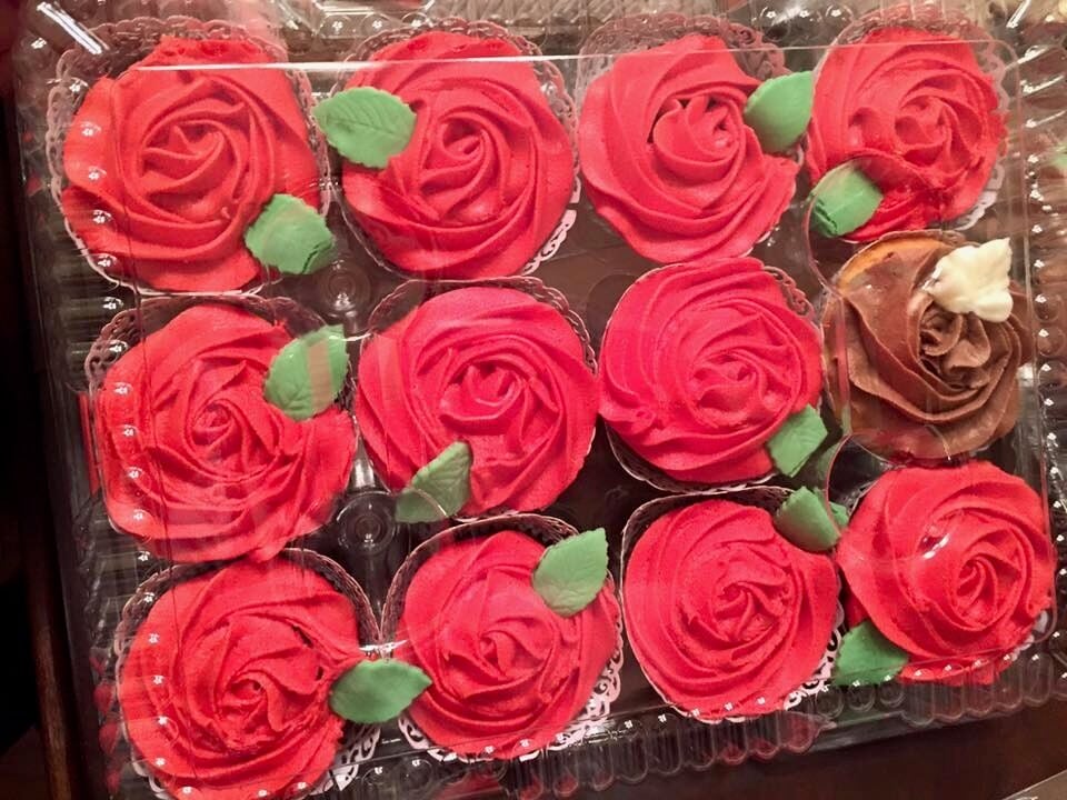 cupcakes frosted in red for Valentine's Day