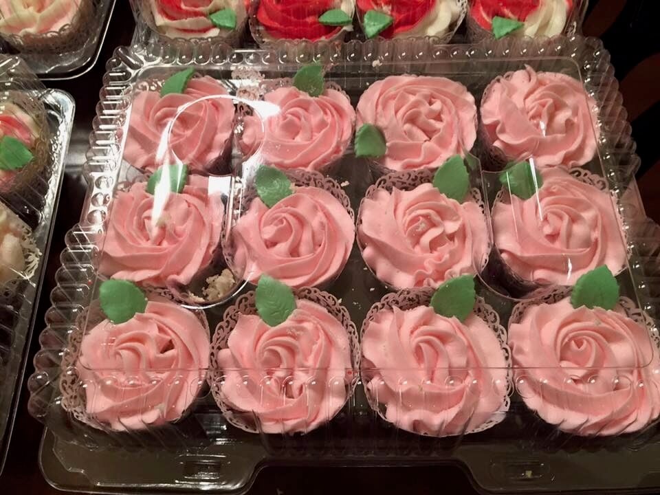 cupcakes frosted in pink rosettes for Valentine's Day