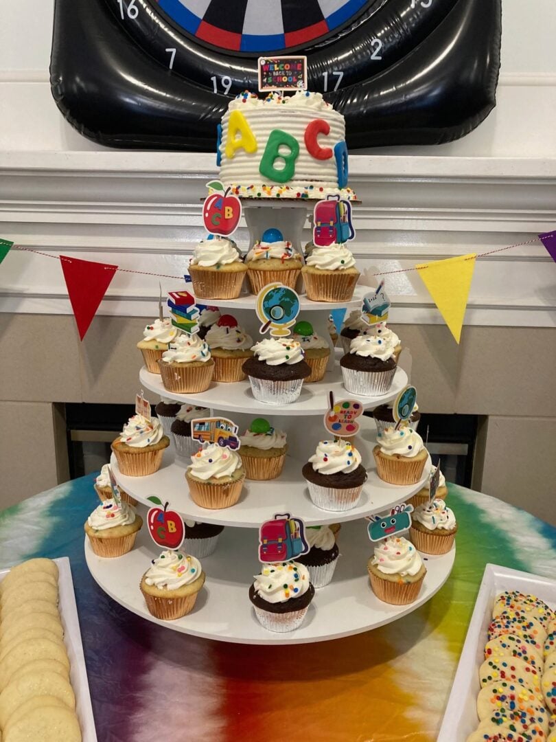 back to school cupcakes on stand