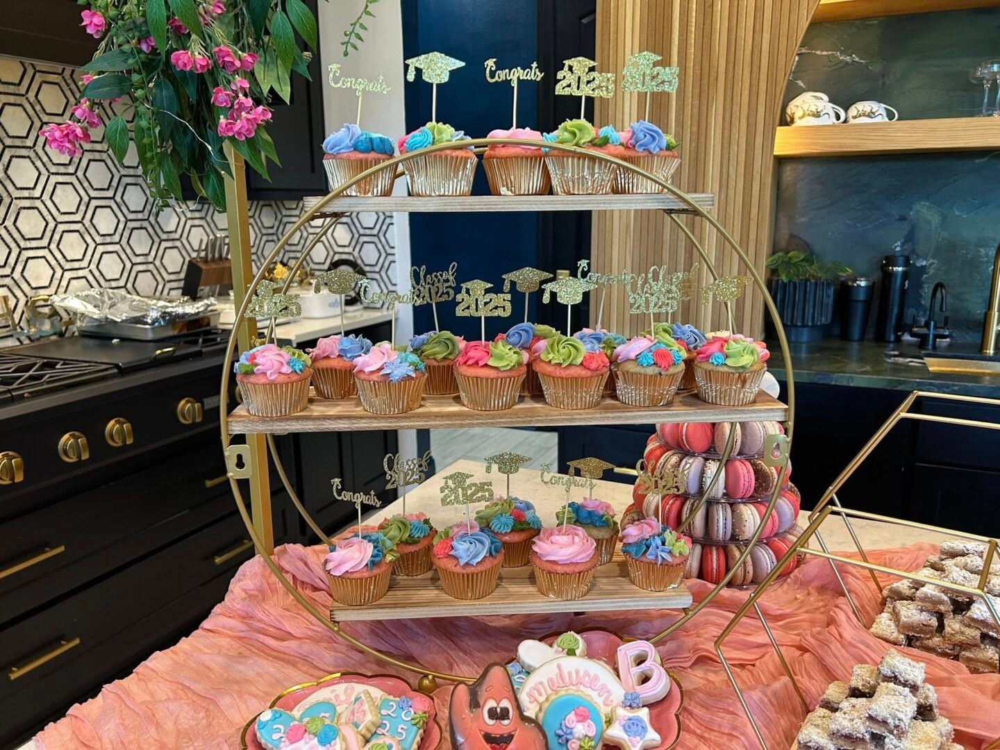graduation cupcakes, colorful, on stand