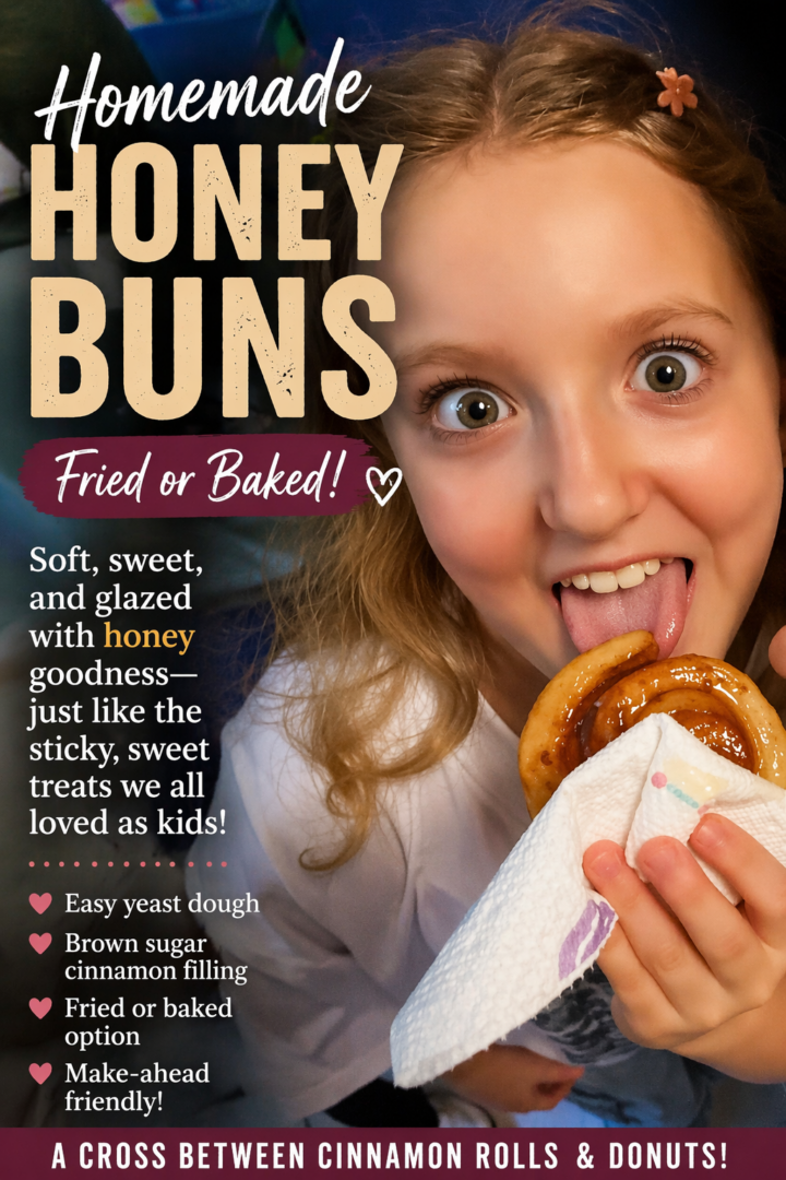 little girl eating Homemade Honey Buns (pin for pinterest)