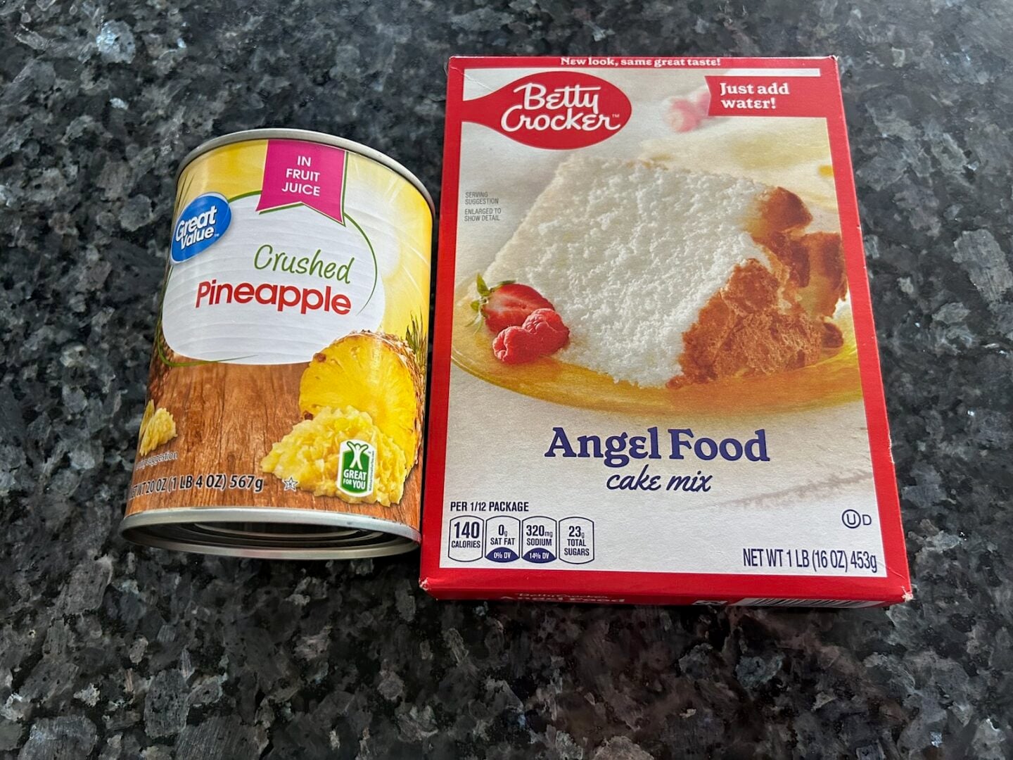 2-Ingredient Angel Food Cake ingredients (angel food cake mix and crushed pineapple)