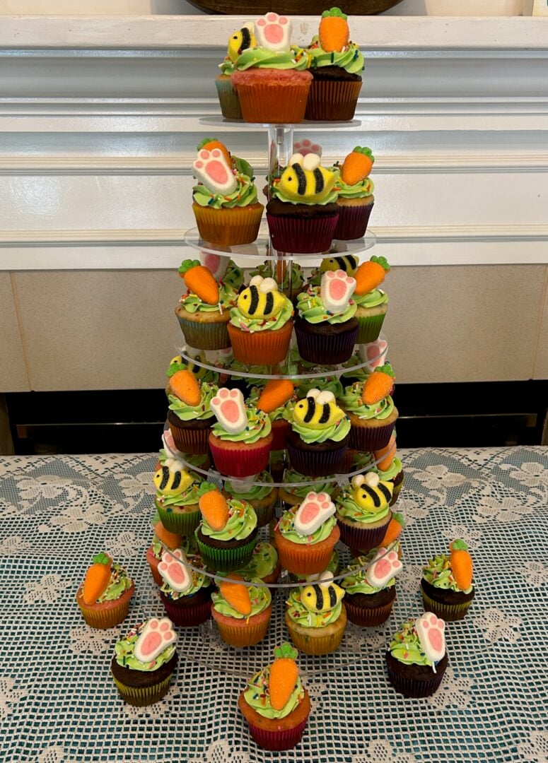 tiered stand with easter cupcakes