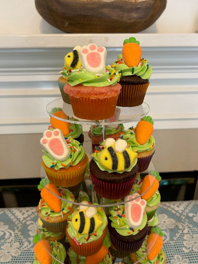 tiered stand with cupcakes for easter