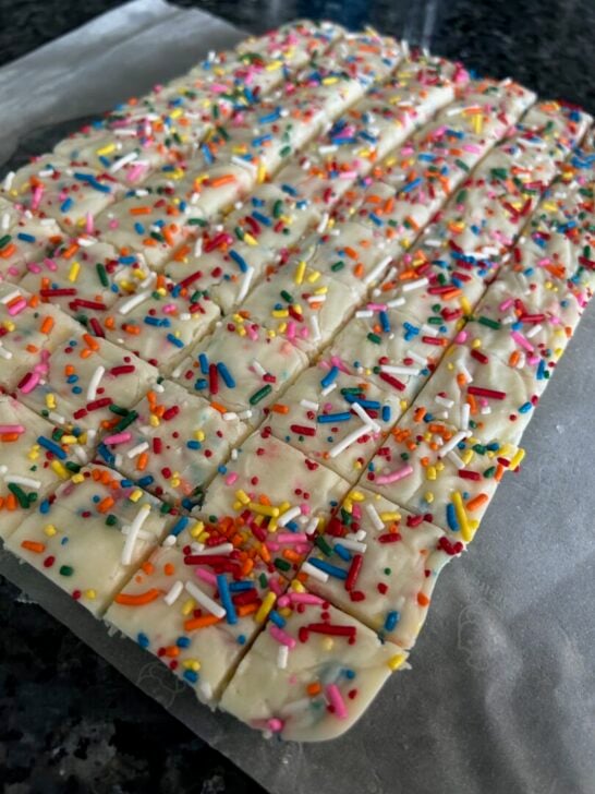 birthday cake fudge cut into pieces