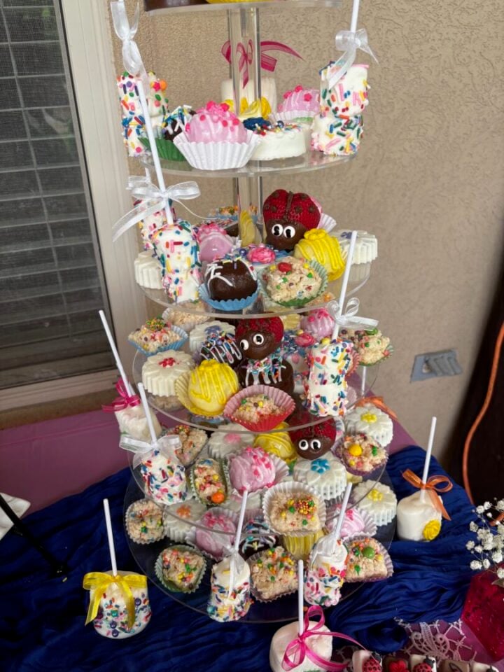sweet treats on tiered stand at party