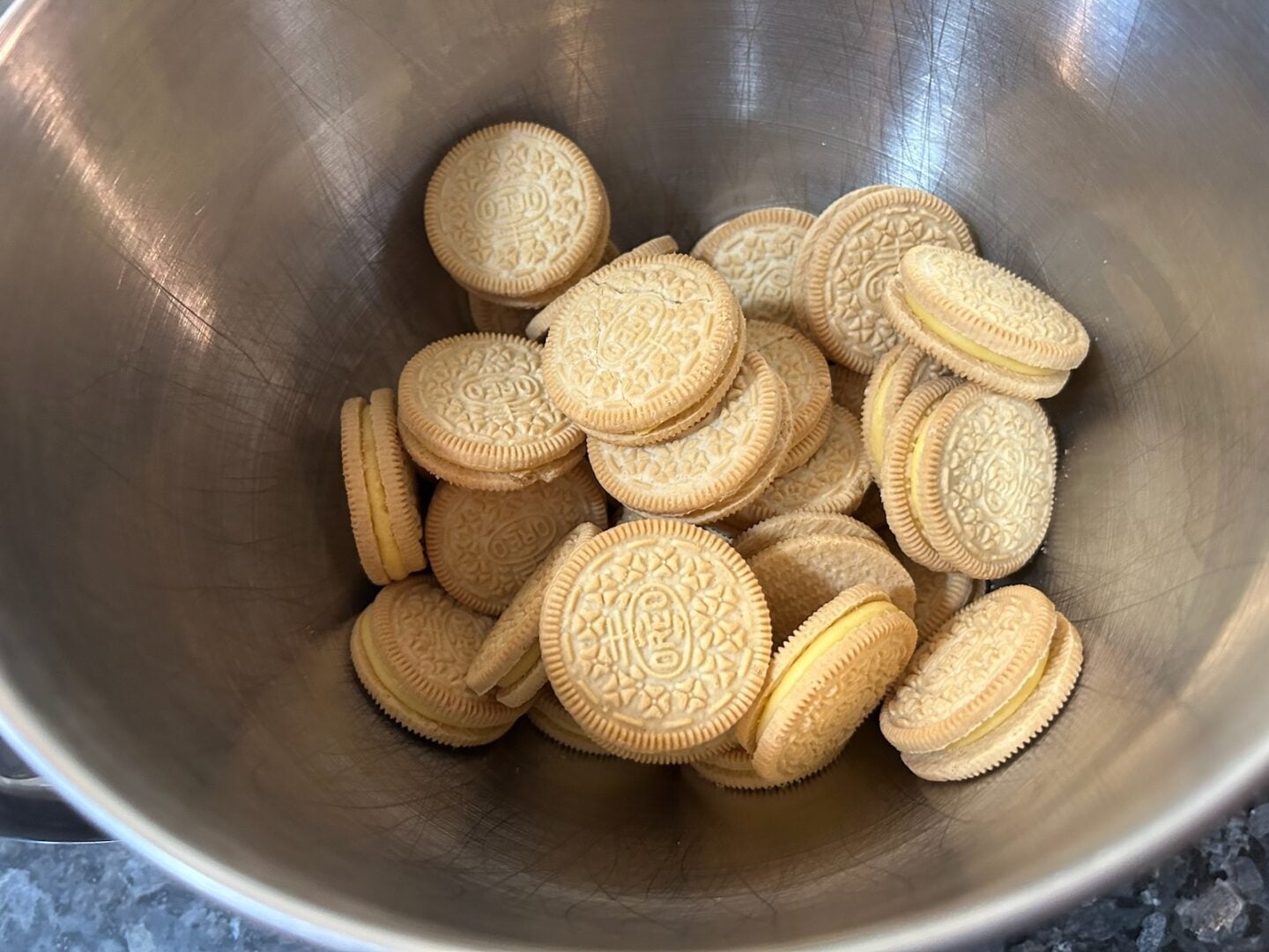 Lemon Oreos in mixing bowl