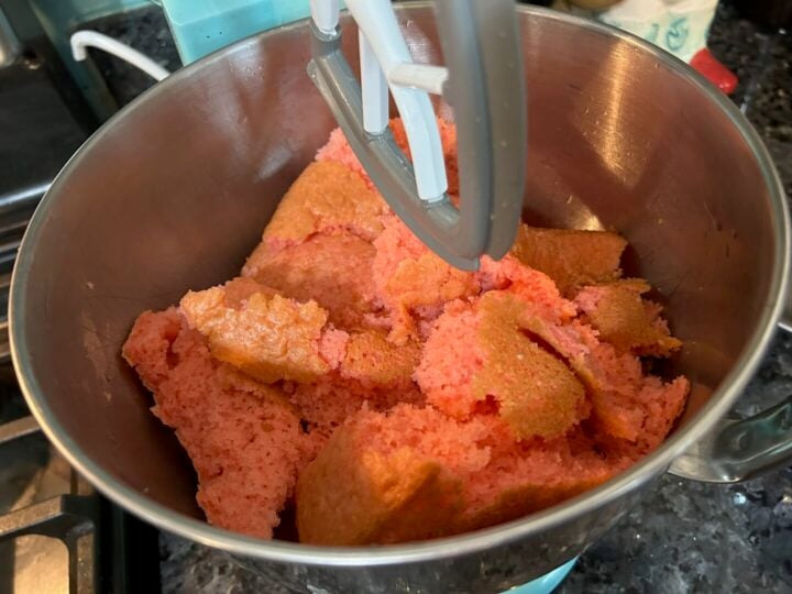 baked strawberry cake in mixer