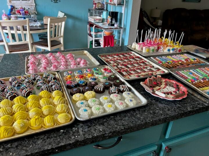kitchen island filled with chocolate covered sweet treats