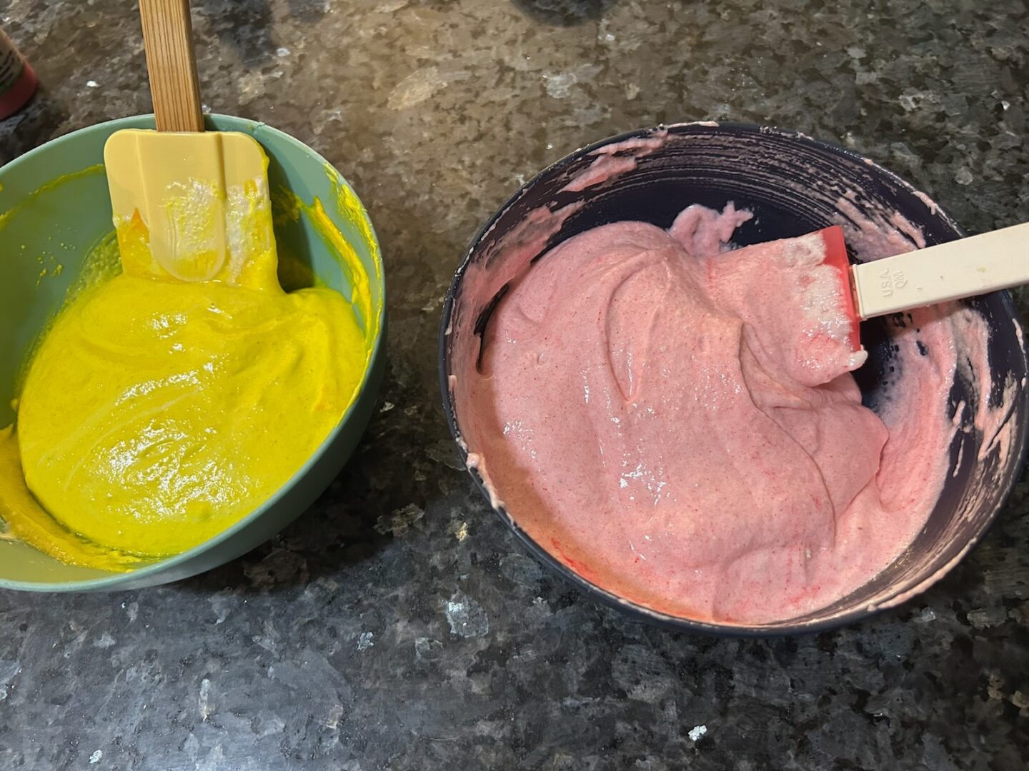 macaron batter dyed yellow and pink