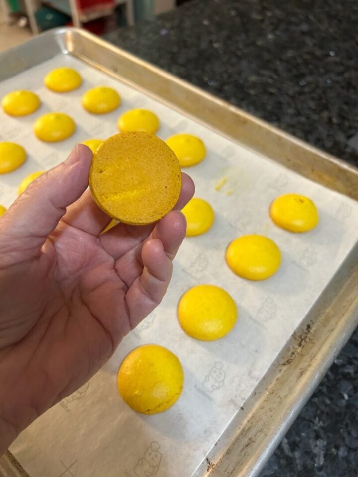 underside of freshly baked macaron