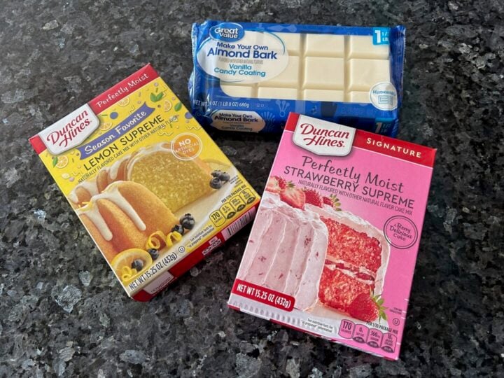 almond bark, lemon cake mix, strawberry cake mix