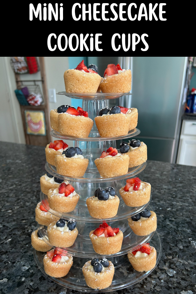 mini cheesecake cookie cups on tiered stand