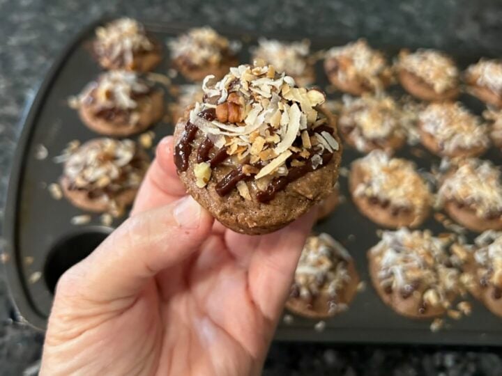 German Chocolate Cake Bites with coconut pecan frosting