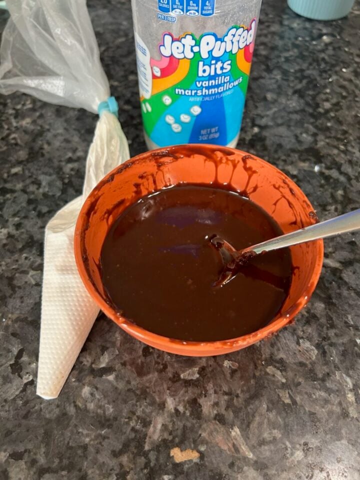 glance in bowl with frosting in bag nearby and jet-puffed marshmallow bits in nearby container