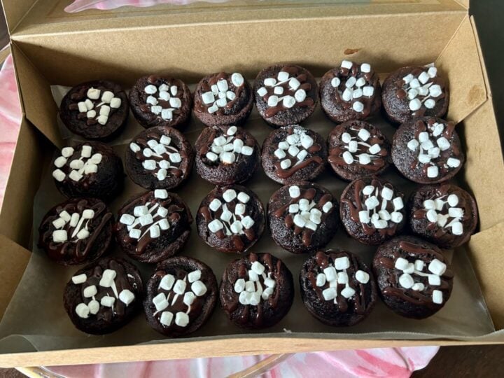hot cocoa cake bites in bakery box