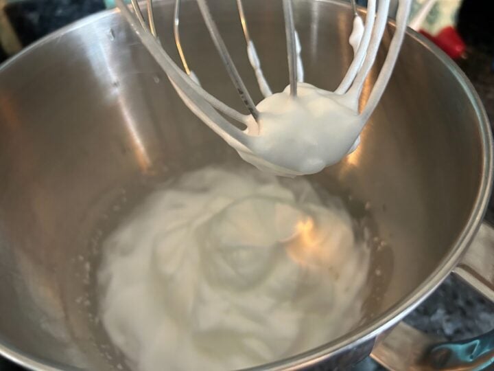 Whipped egg whites at soft peak stage