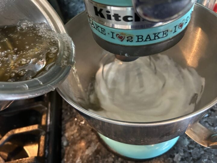 adding syrup to whipped egg whites