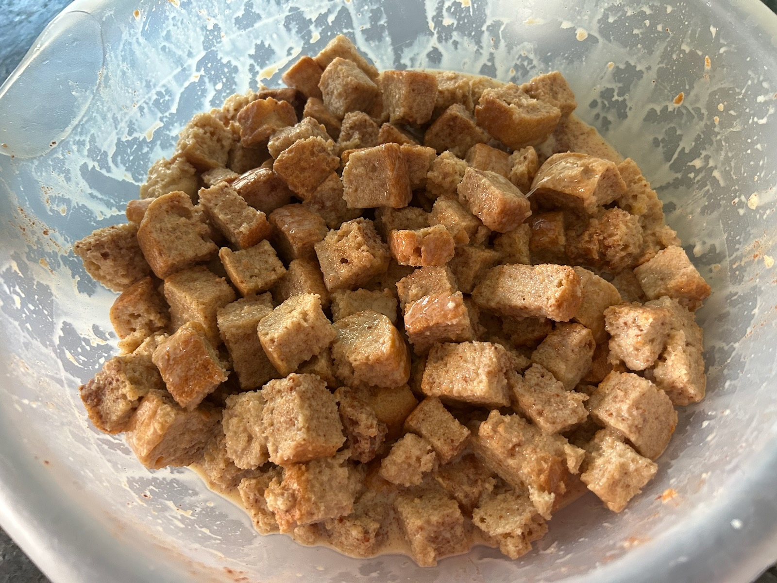 soaked bread cubes in bowl