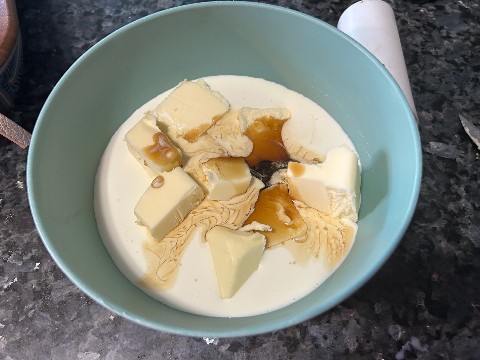 milk, butter, maple syrup in bowl