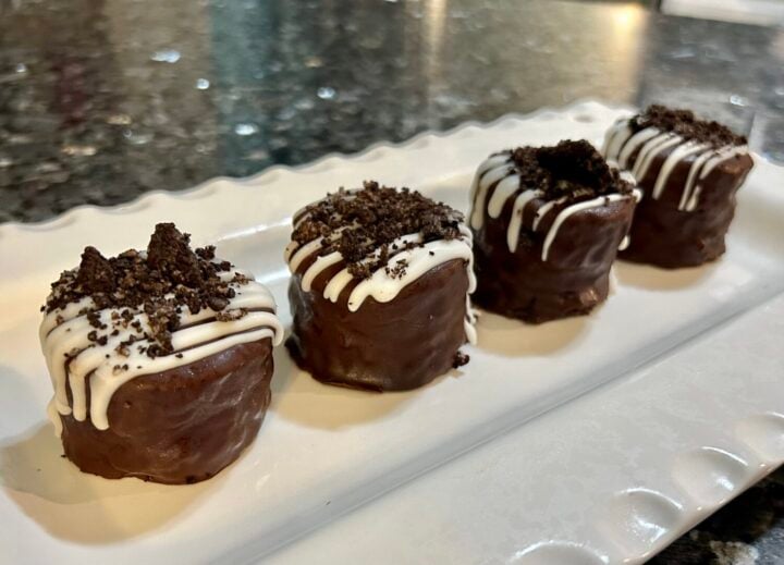 chocolate covered oreo petit fours on platter