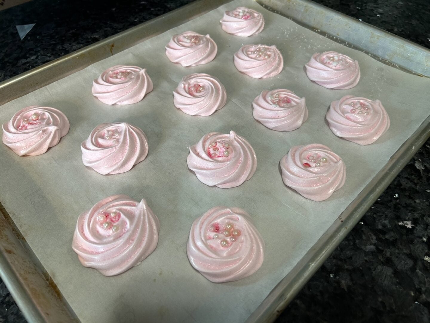 meringue rosettes cooled and ready to eat