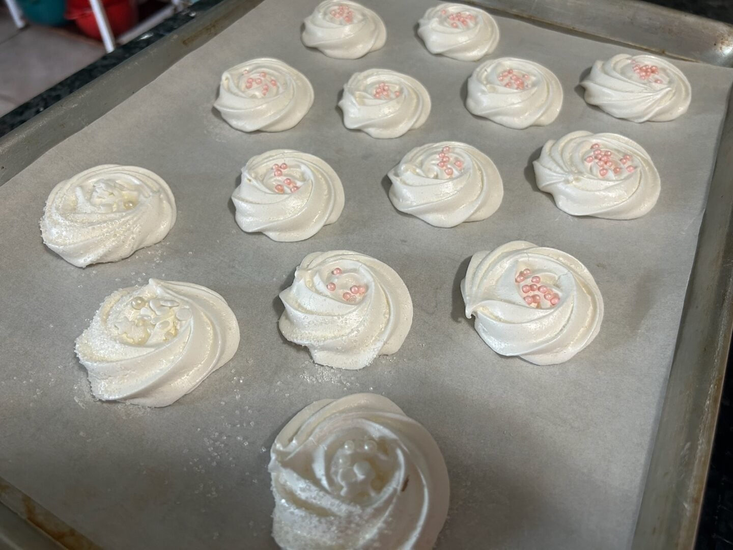 meringue rosettes cooled and ready to eat