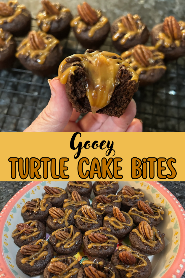 gooey turtle cake bites pin for pinterest