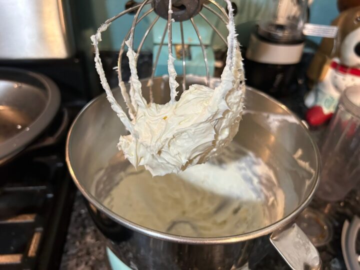 Whipped cream cheese in mixing bowl