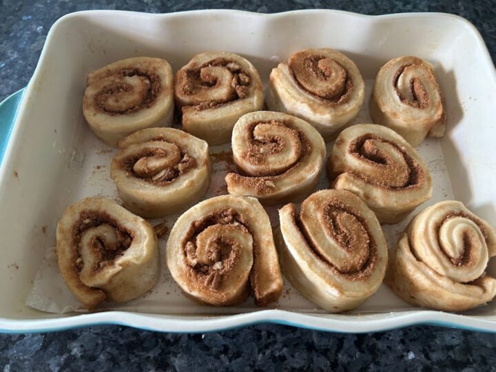 cinnamon rolls in pan before rising
