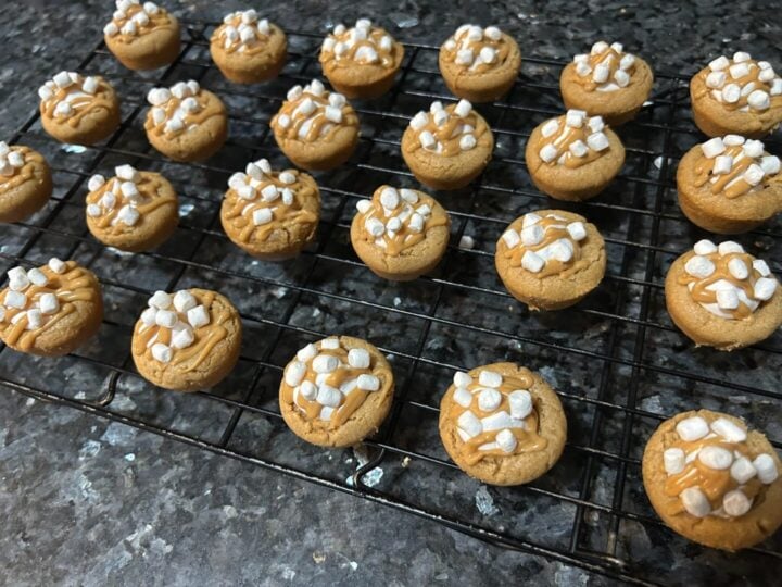 fluffernutter cookie cups with mini dehydrated marshmallows on top