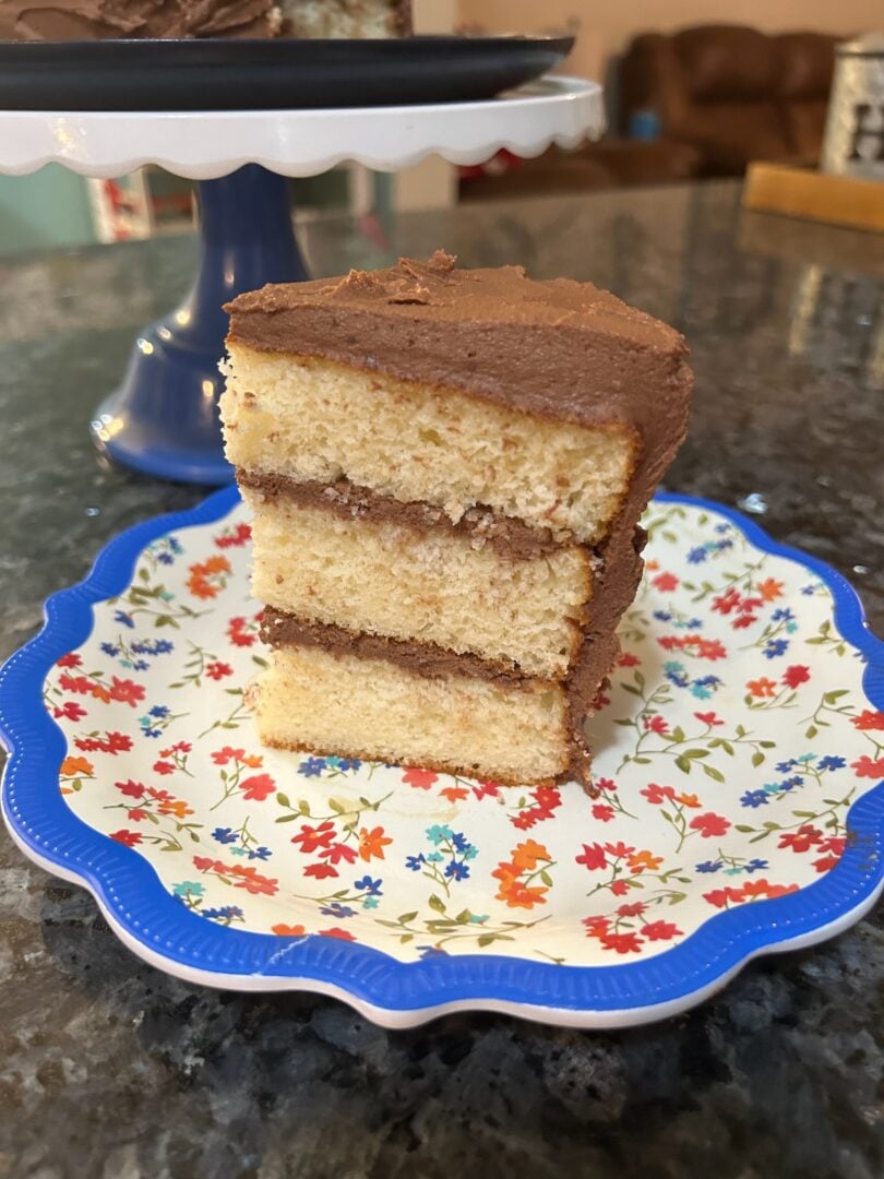 cake slice iced in whipped chocolate ganache frosting