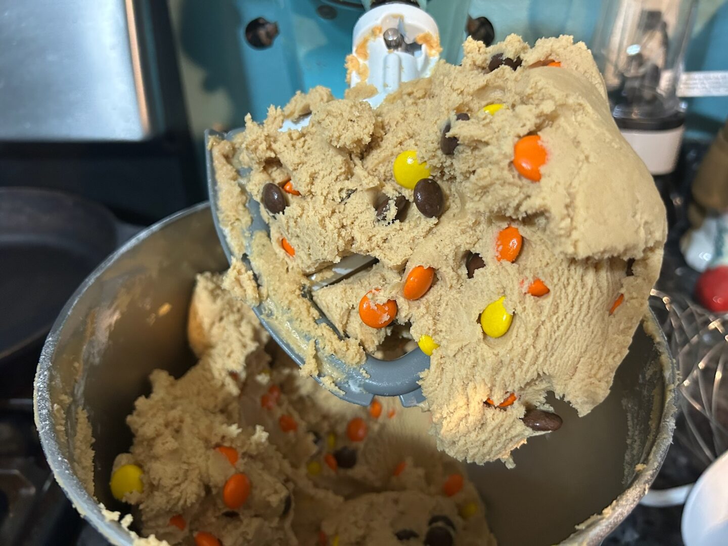 cookie dough with Reese's pieces in bowl