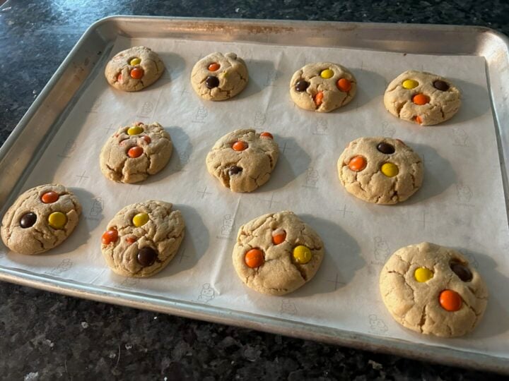 Peanut Butter Reese's Pieces Cookies on tray