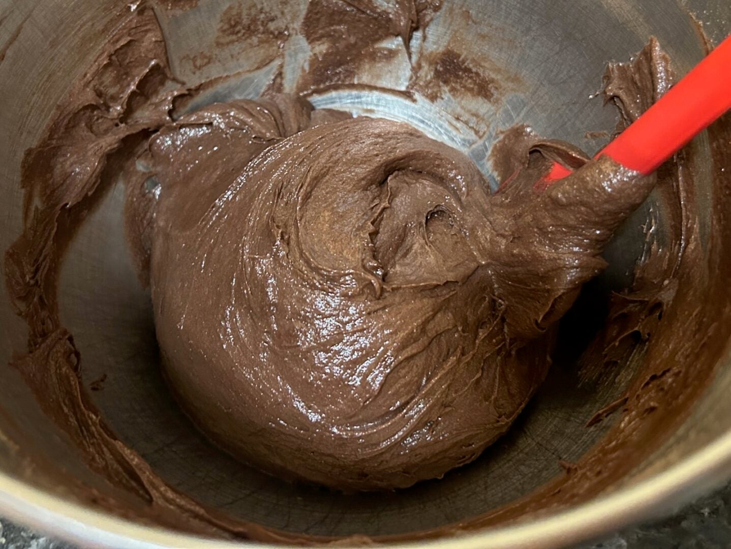 chocolate cake batter in pan