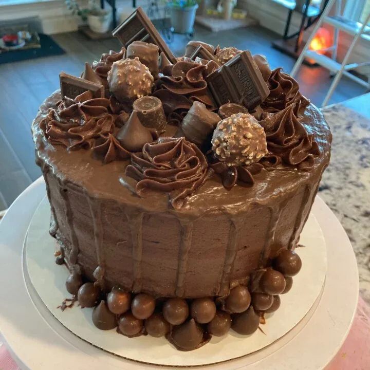 chocolate ganache cake drip on chocolate cake