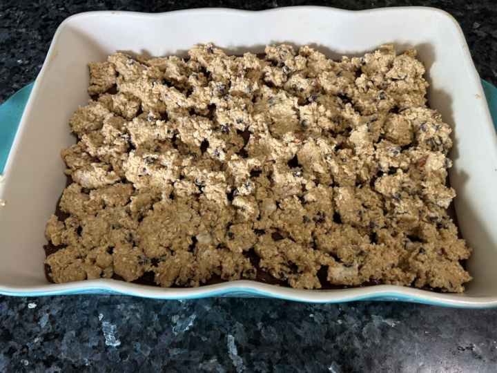 Easy Nutella Revel Bars with Oat crumble on top, ready to go in oven