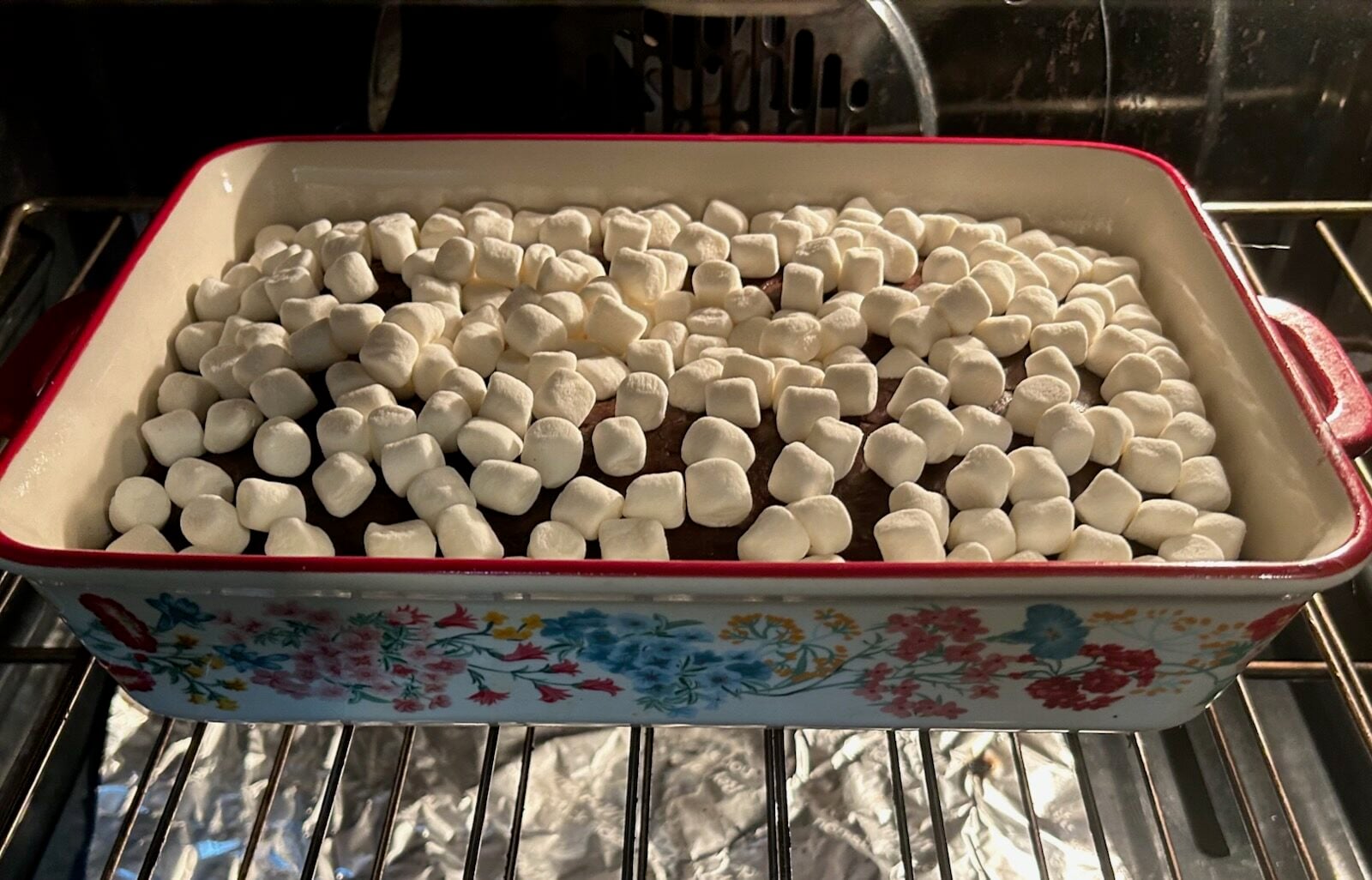 chocolate cake with marshmallows on top