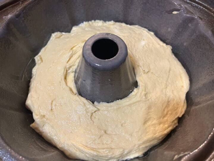 first layer of sock it to me cake batter in pan