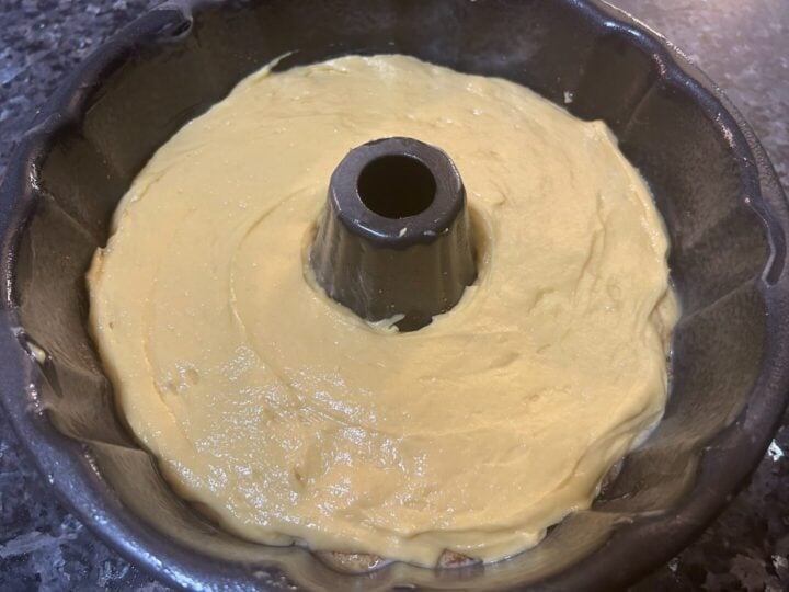 snickerdoodle cake batter in bundt pan