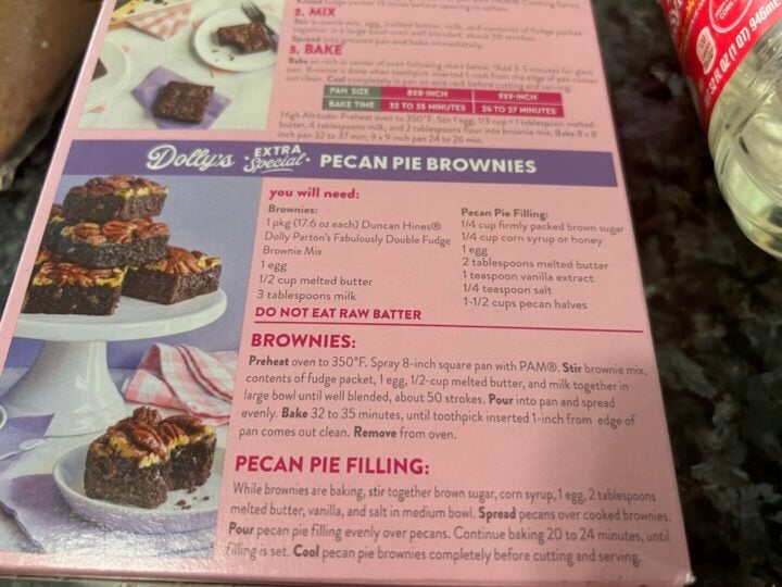 Dolly Parton Pecan Pie Brownie recipe on back of box