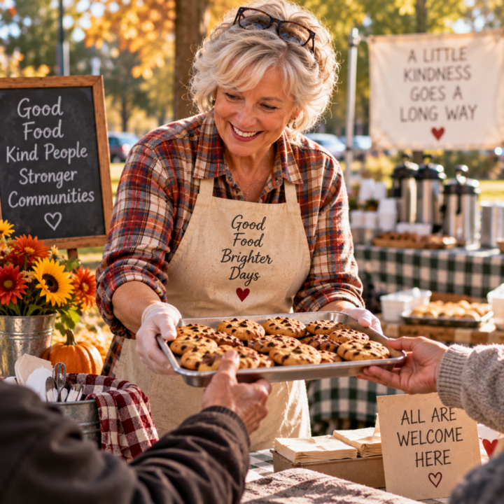 a woman sharing a tray of cookies to others