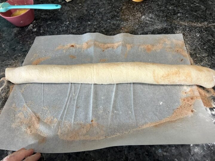 Easy Cinnamon Rolls from Frozen Bread Dough (rolled up and ready to cut)