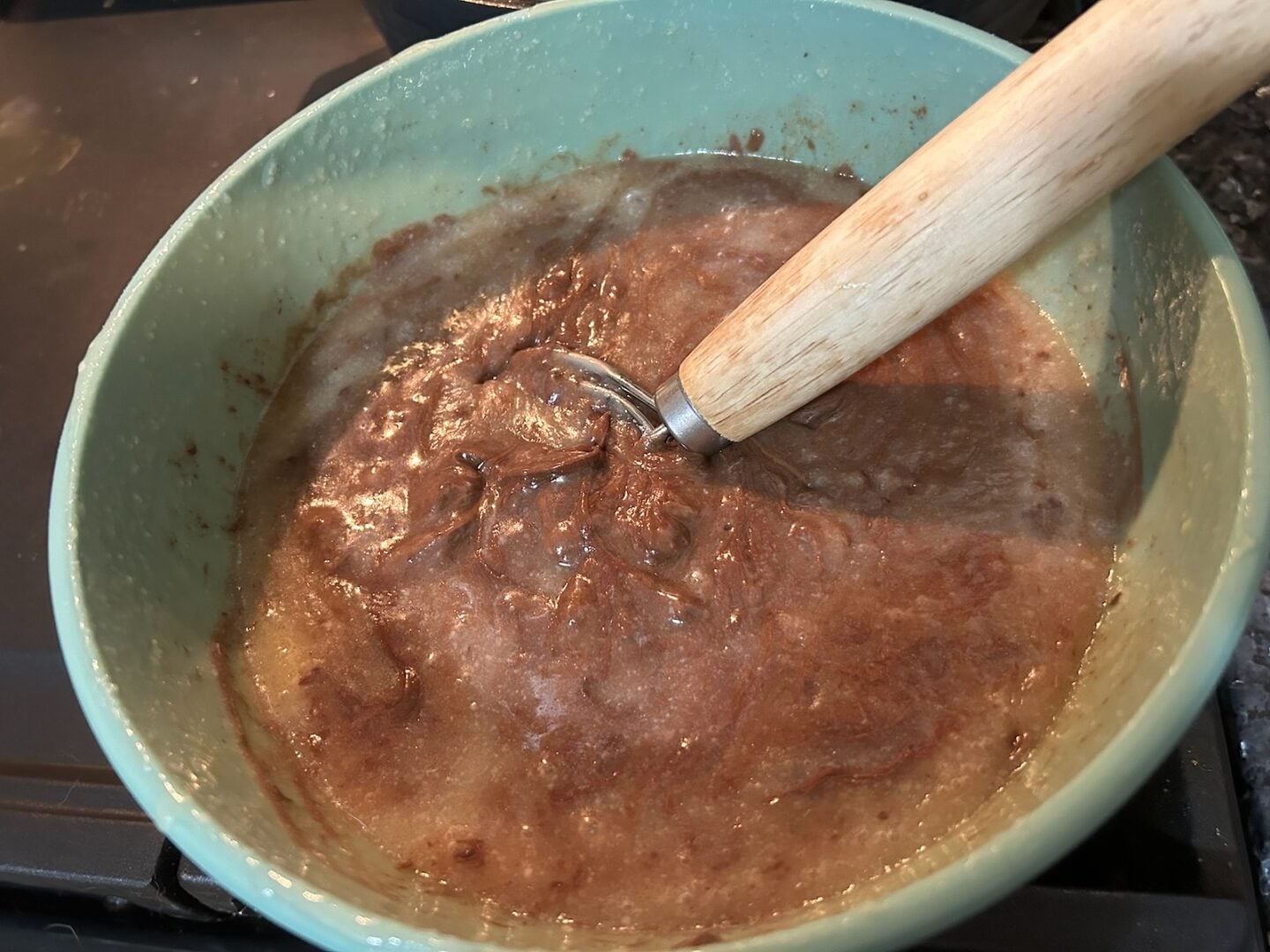 fudge in bowl being mixed