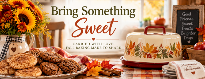 baking sweet treats for others: cake carrier on table with cookies and fall flowers nearby