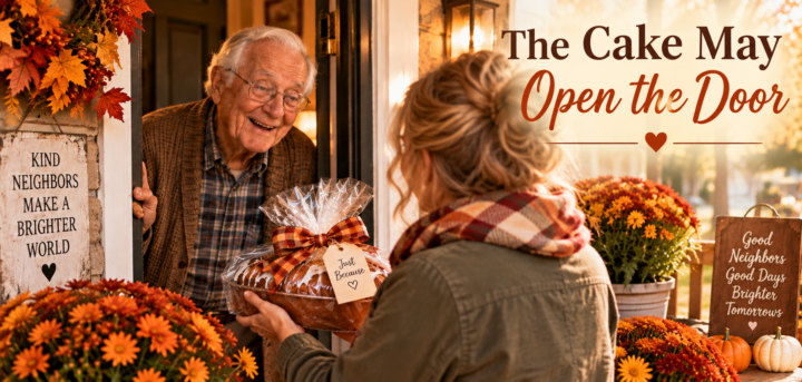sharing love through baking: woman takes baked goods to elderly man