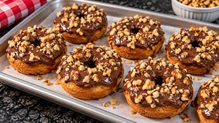 cake mix donuts with chocolate glaze and walnuts