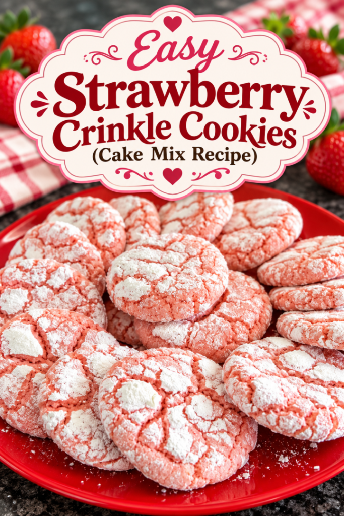 Easy Strawberry Crinkle Cookies (Cake Mix Recipe) pin for pinterest